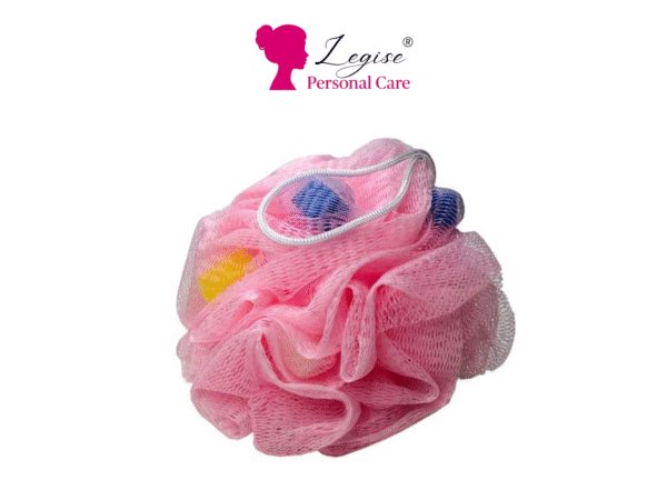 Legise Exfoliating Bath Loofah with Soft Mesh & Built-in Sponge – Pink Shower Puff for Deep Body Cleansing & Gentle Skin Exfoliation (Large)