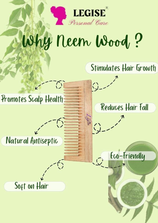 Legise Handmade Neem Wood Comb | Boosts Hair Growth | Reduces Hair Fall | Natural Eco-Friendly Hair Comb - Image 3