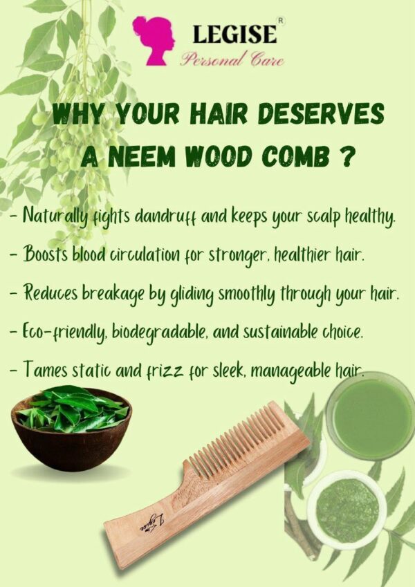 Legise Natural Neem Wood Comb | Anti-Dandruff & Hair Growth | Eco-Friendly Anti-Frizz Hair Care Comb - Image 4