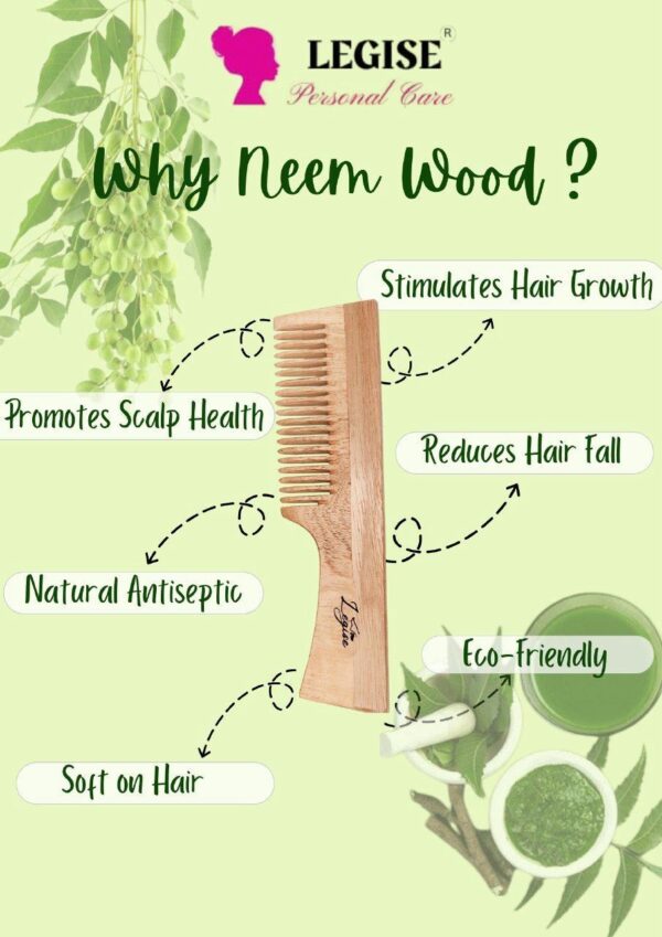 Legise Natural Neem Wood Comb | Anti-Dandruff & Hair Growth | Eco-Friendly Anti-Frizz Hair Care Comb - Image 3