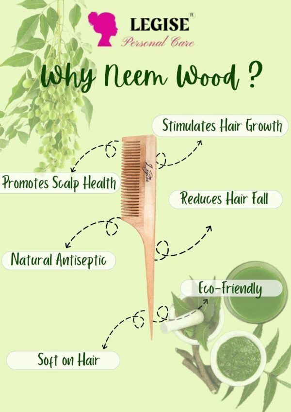 Legise Neem Wood Tail Comb | Stimulates Hair Growth | Natural Anti-Dandruff | Eco-Friendly Hair Tool - Image 3