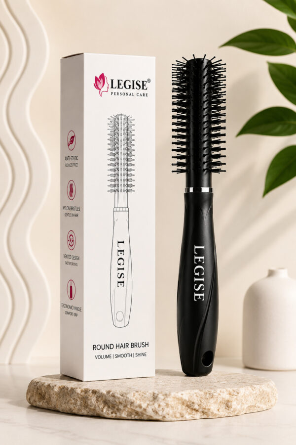 Black round hair brush barrel and bristles detail