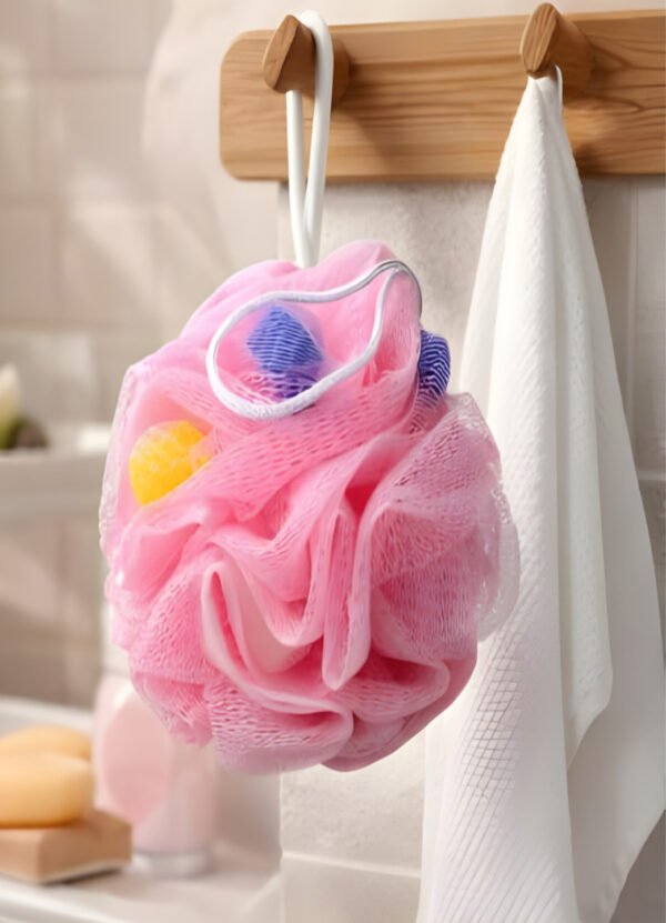 Legise Exfoliating Bath Loofah with Soft Mesh & Built-in Sponge – Pink Shower Puff for Deep Body Cleansing & Gentle Skin Exfoliation (Large)